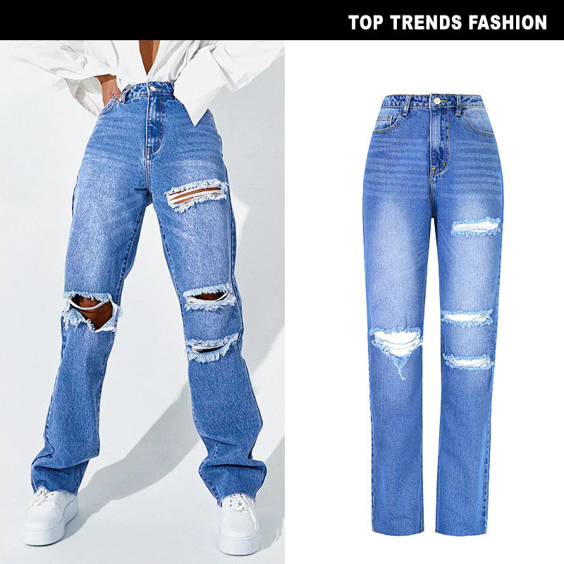 Women's High Waist Straight Ripped Jeans