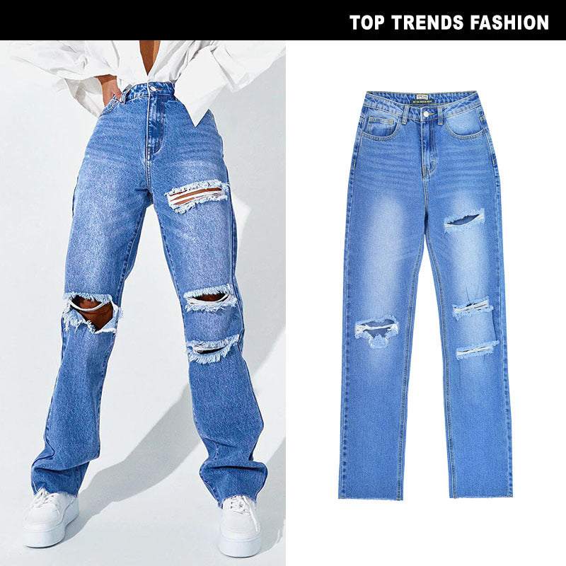 Women's High Waist Straight Ripped Jeans